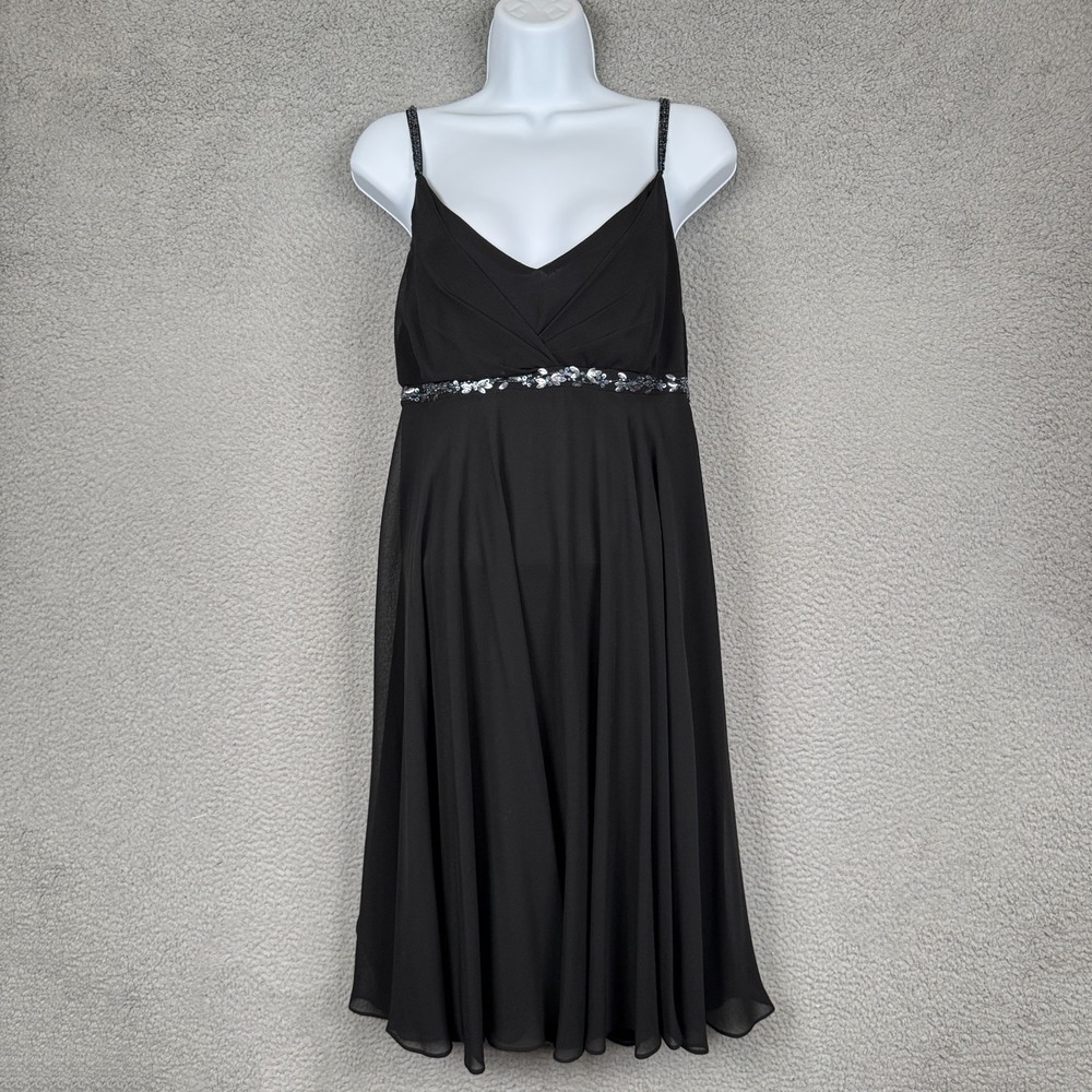 VTG Eva‎ Blue Dress Womens 12 Black Fairy Beaded Babydoll Sheer Midi Y2K LBD